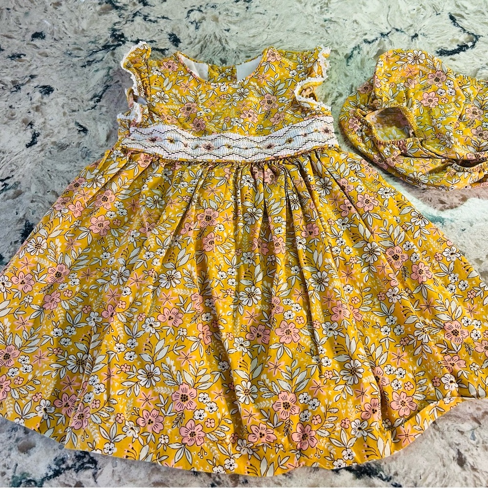 Bonnie Baby Golden Floral Smocked Dress with Matching Bloomers